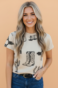 Women's beige and black Western retro graphic t-shirt featuring cowboy boots and cactus print