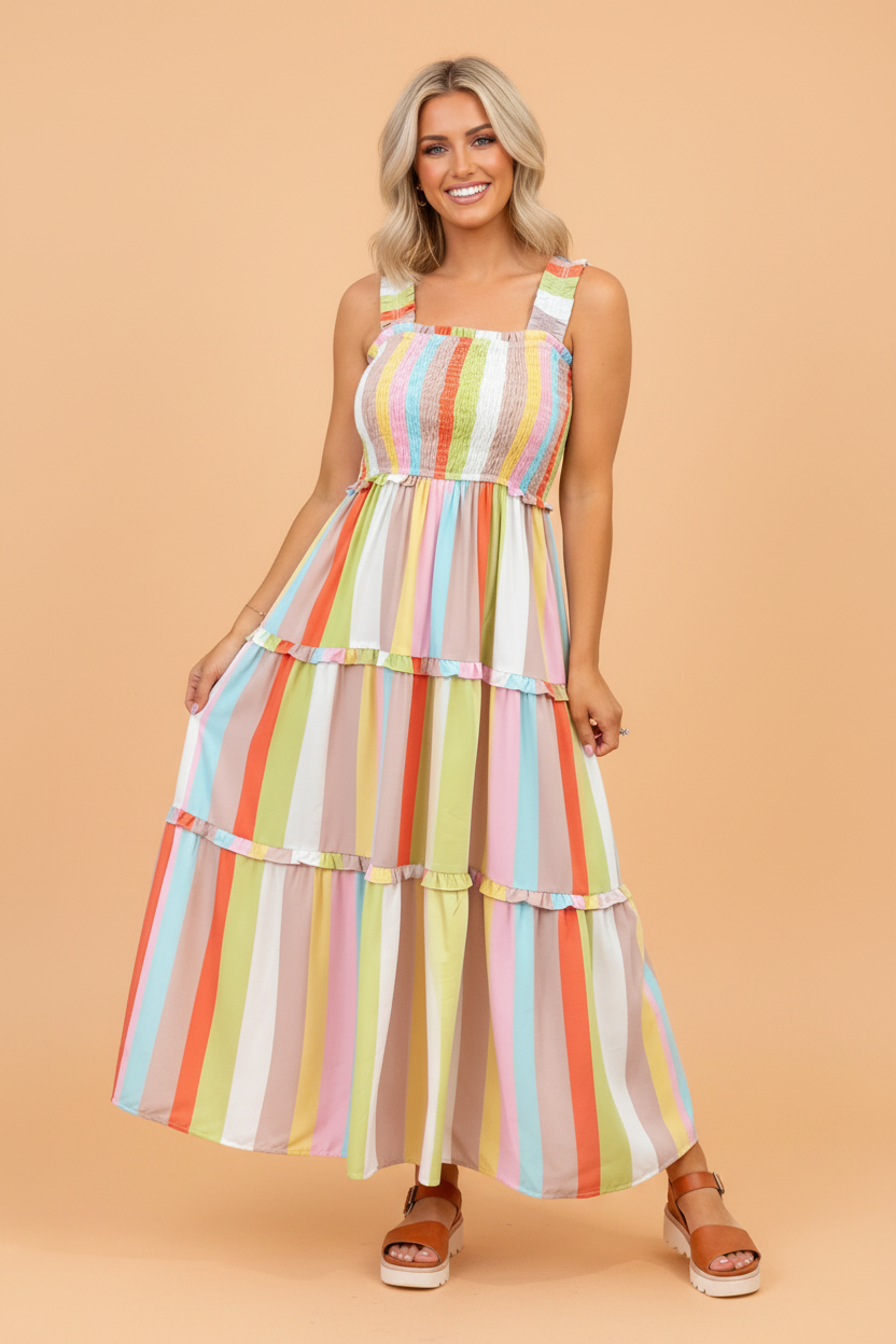 Woman wearing a multi-color striped maxi dress with a square neckline, smocked bodice, and tiered ruffle skirt.