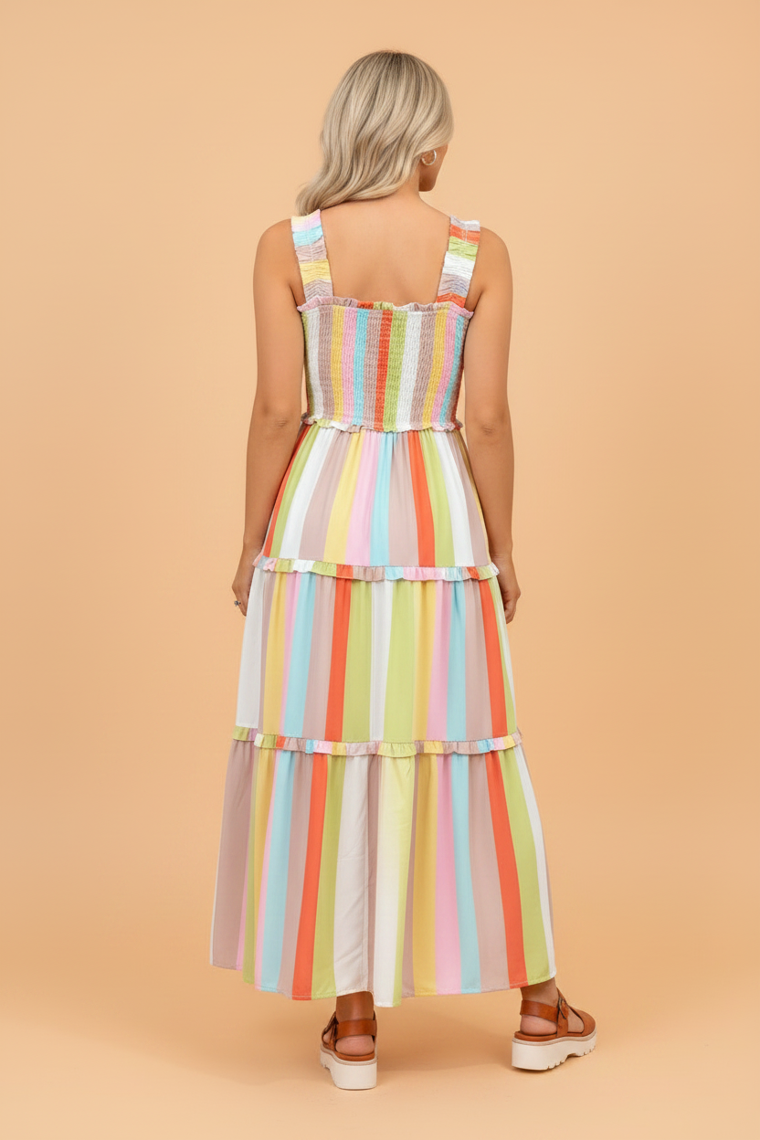 Stripe Shirred Ruffle Tiered Maxi Dress - Bohemian Sleeveless