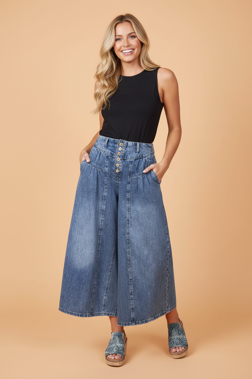 Medium-blue high rise pleated denim pants with wide legs and cropped hem