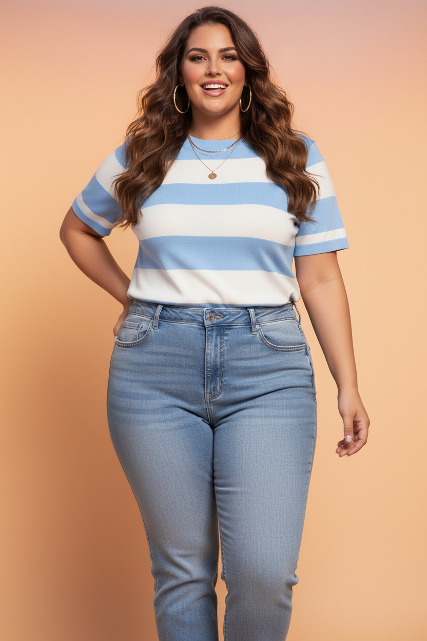 A woman wearing a blue and white striped colorblock short sleeve tunic sweater in a casual setting.