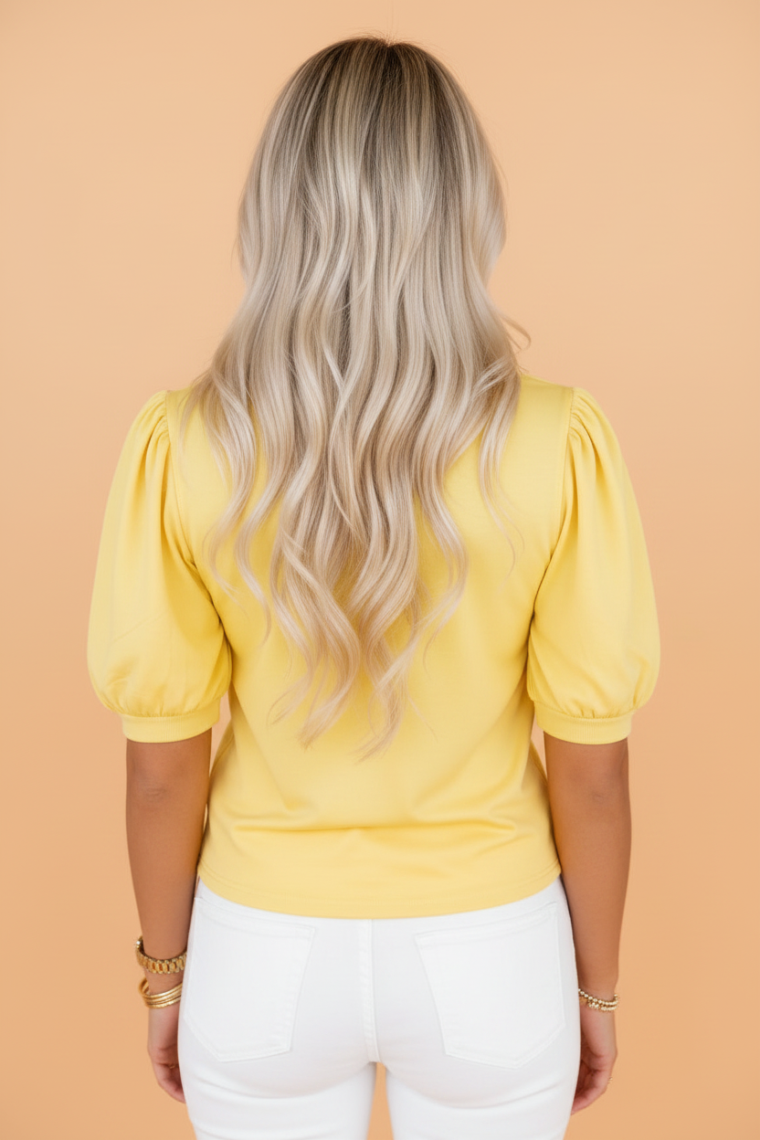 Women's Solid Yellow V-Neck Blouse with Short Puff Sleeves
