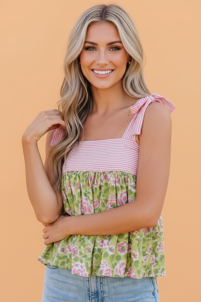 Women's floral and striped patchwork babydoll tank top with knot tie straps
