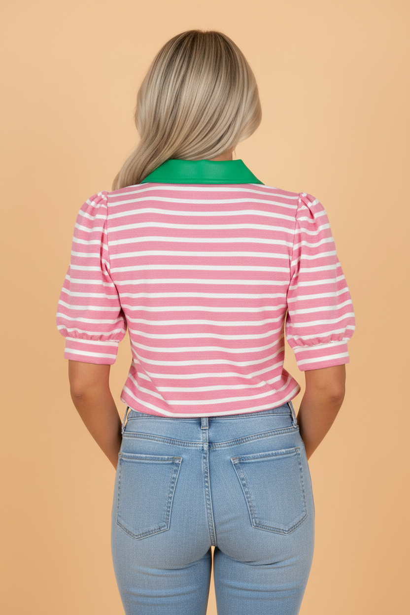 Stripe Colorblock Polo Collar Puff Sleeve Blouse