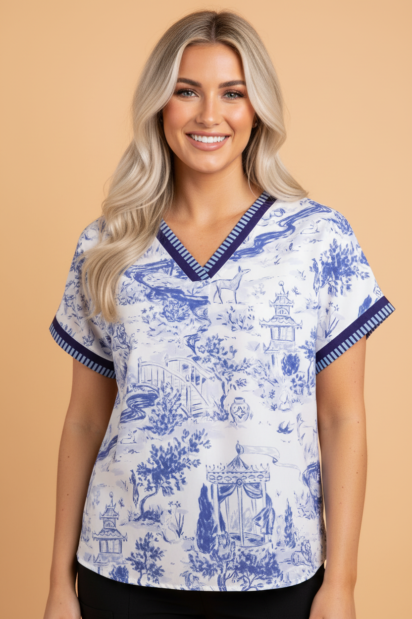 Close up of a white and blue floral blouse with striped trim on the v-neck and cuffs