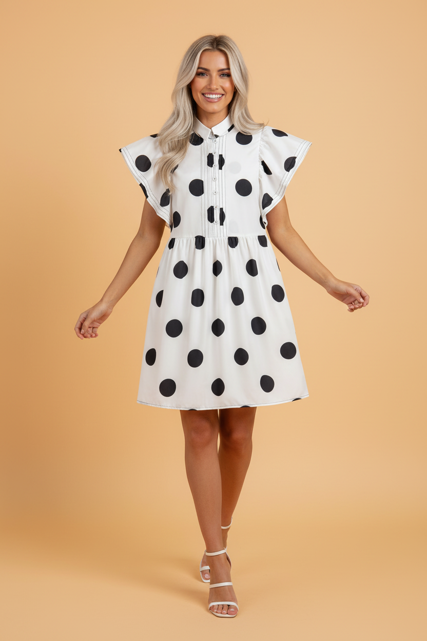 Model wearing a black and white polka dot mini dress with ruffled sleeves, shirt collar, and half-button placket.