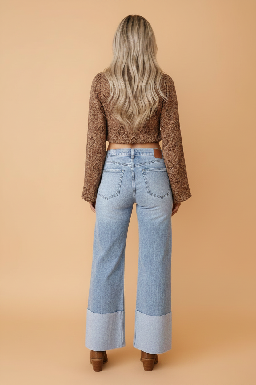 High-Rise Wide Leg Jeans with Turn-Up Cuffs in Light Wash Denim