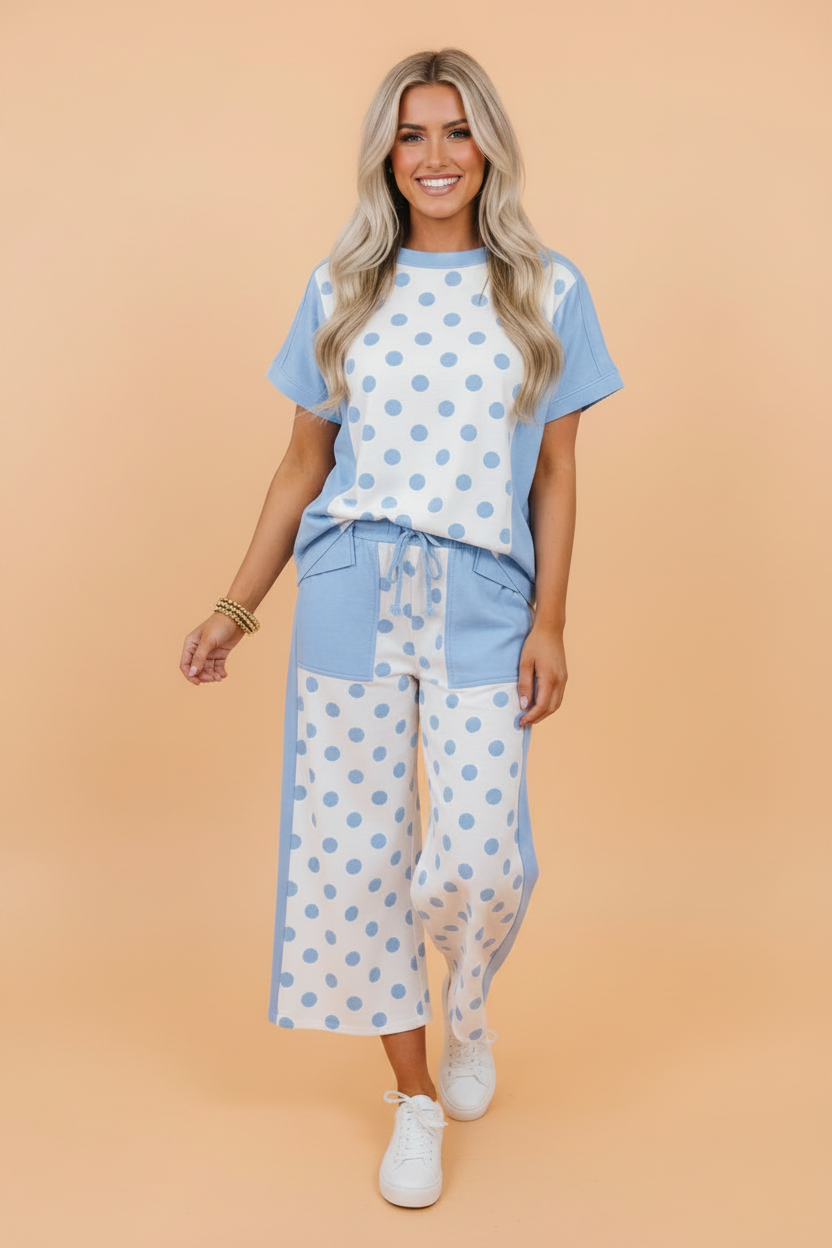 Polka Dot Colorblock Top and Wide Leg Pants Casual Set