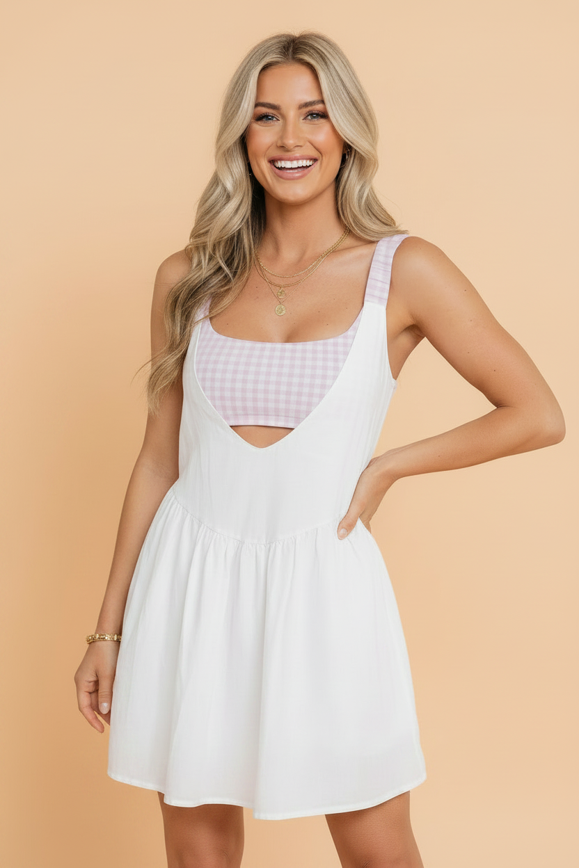 Gingham Patchwork Mini Dress with Cutout Neckline