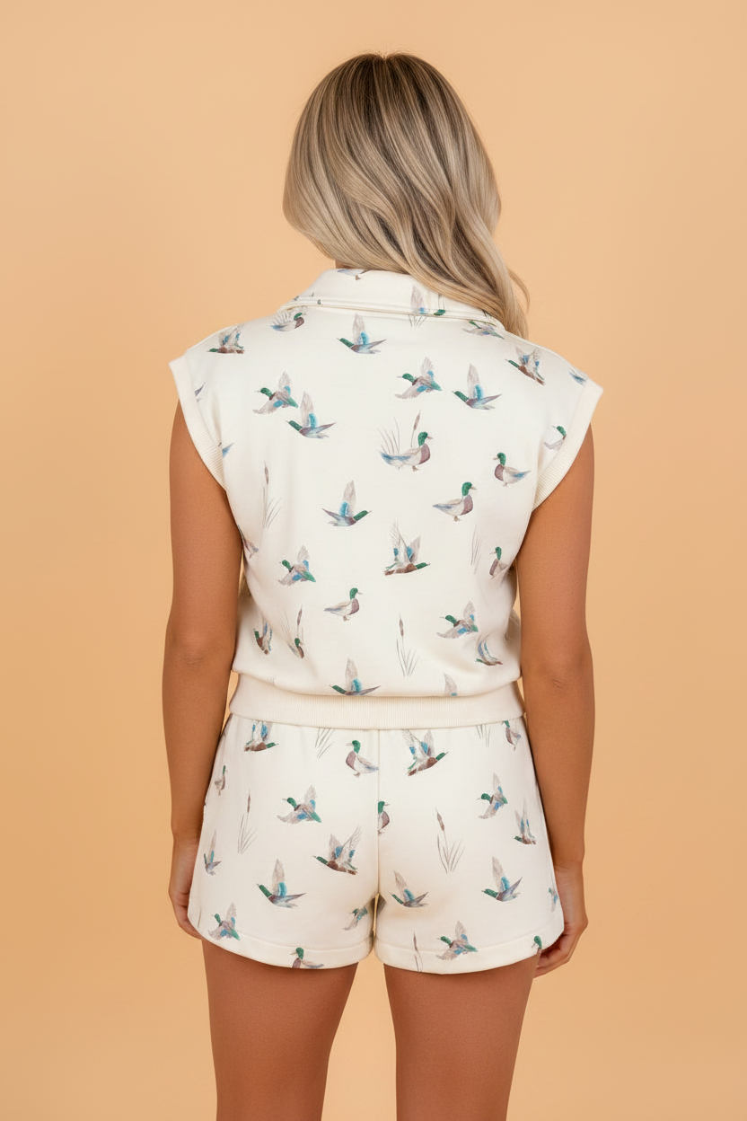 Mallard Zip Polo Tee & Drawstring Short Set in Cream Multi