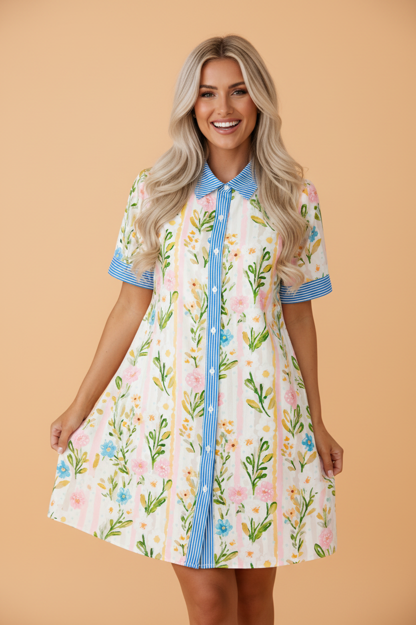 Woman wearing a floral shift dress with striped collar and cuffs and white buttons.