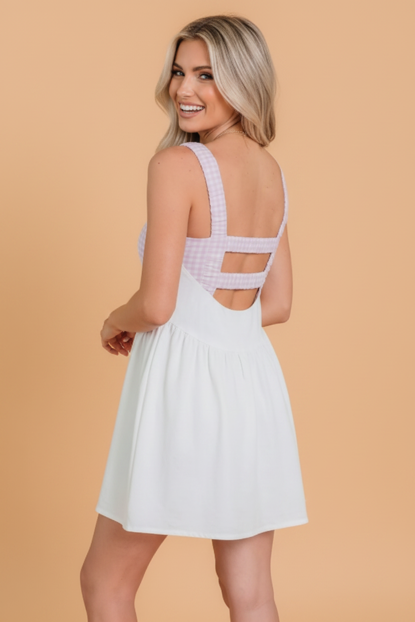Gingham Patchwork Mini Dress with Cutout Neckline
