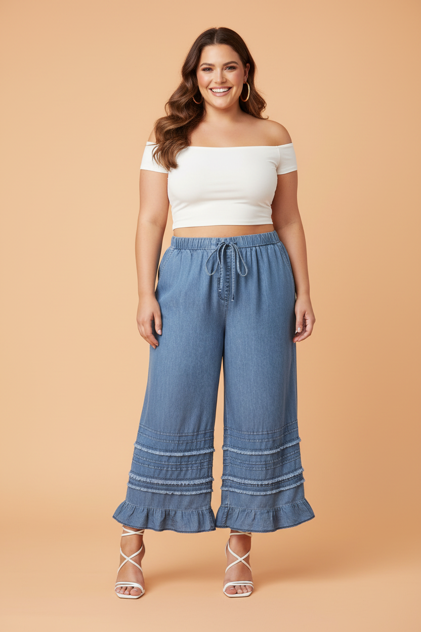 Plus Size Tiered Raw Edge Ruffle Denim Pants