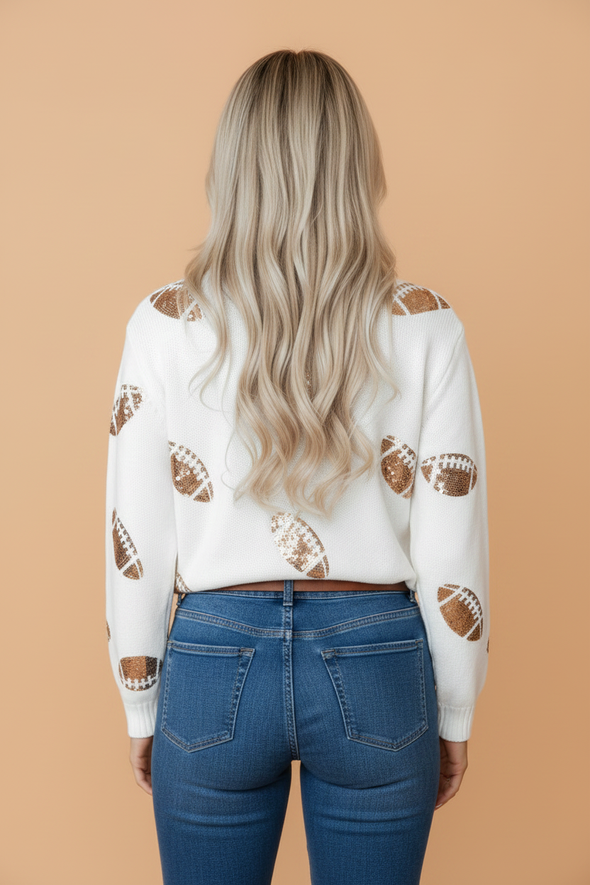 Women's Football Sequin Round Neck Long Sleeve Knit Sweater