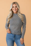 Women's black and white checker pattern mesh top with a modern stand neck and long sleeves.