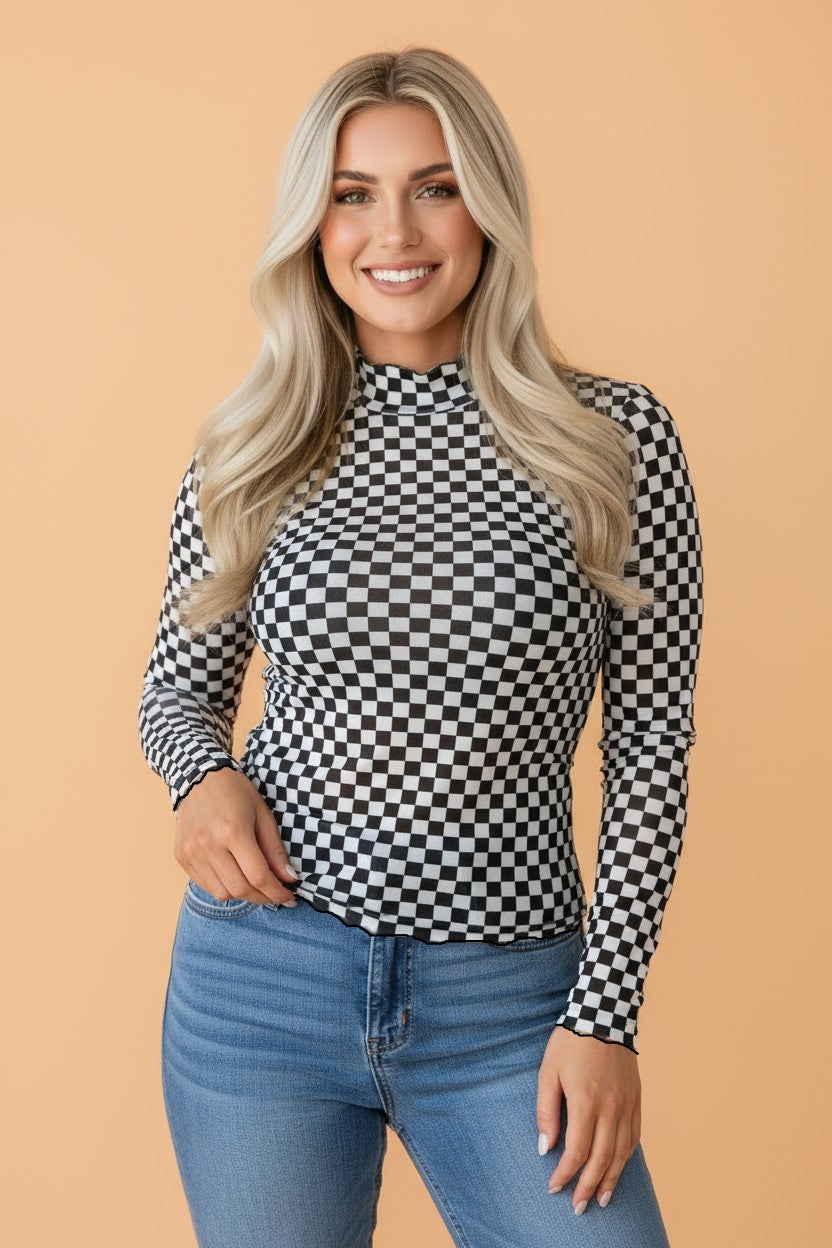 Women's black and white checker pattern mesh top with a modern stand neck and long sleeves.