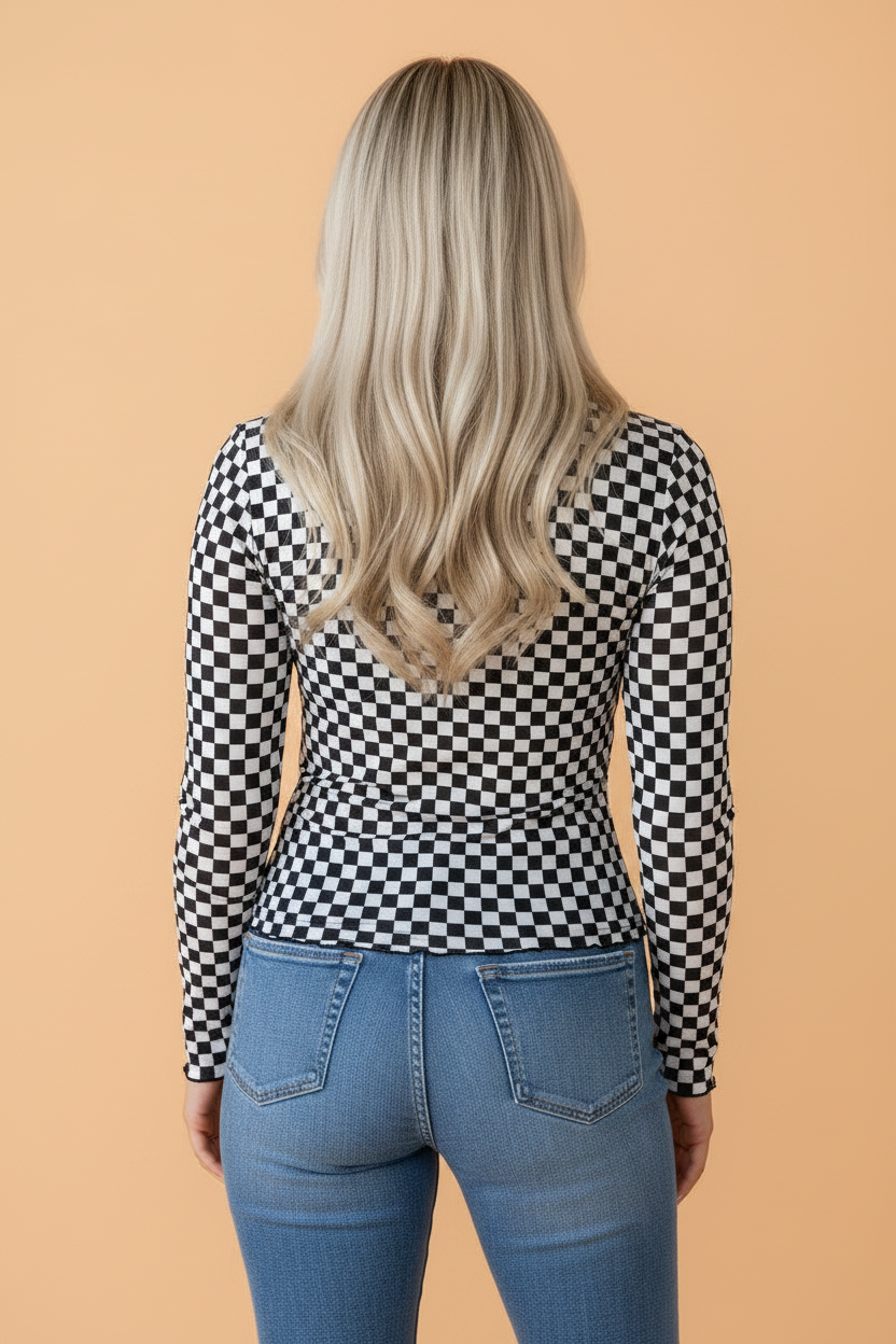 Women's Checker Stand Neck Long Sleeve Mesh Top