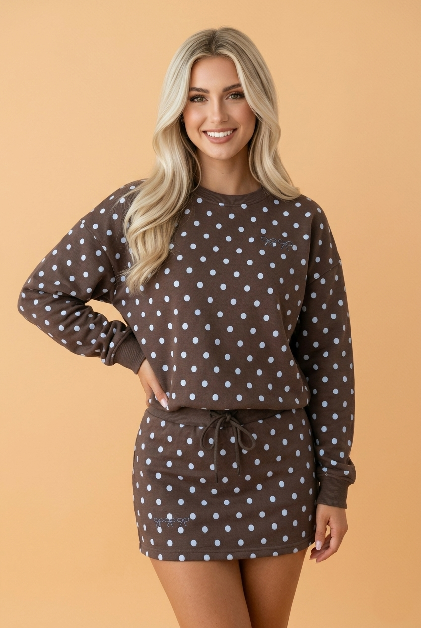 A two-piece knit set featuring a polka dot long sleeve pullover and a matching skort with a bow detail.