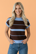 Relaxed fit brown and light blue striped knit top with short sleeves and a classic round neckline