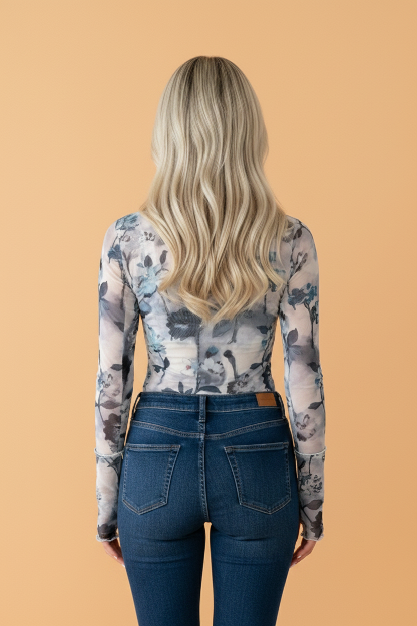 Floral Mesh High Neck Long Sleeve Sheath Top in Grey and Blue