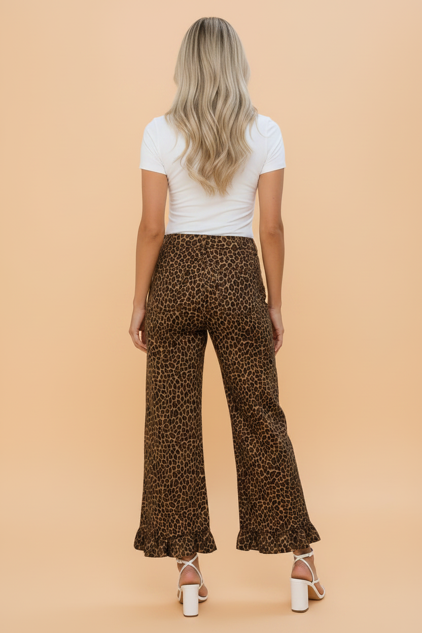 Leopard Print Ruffle Hem Shift Jeans with Metal Button Front