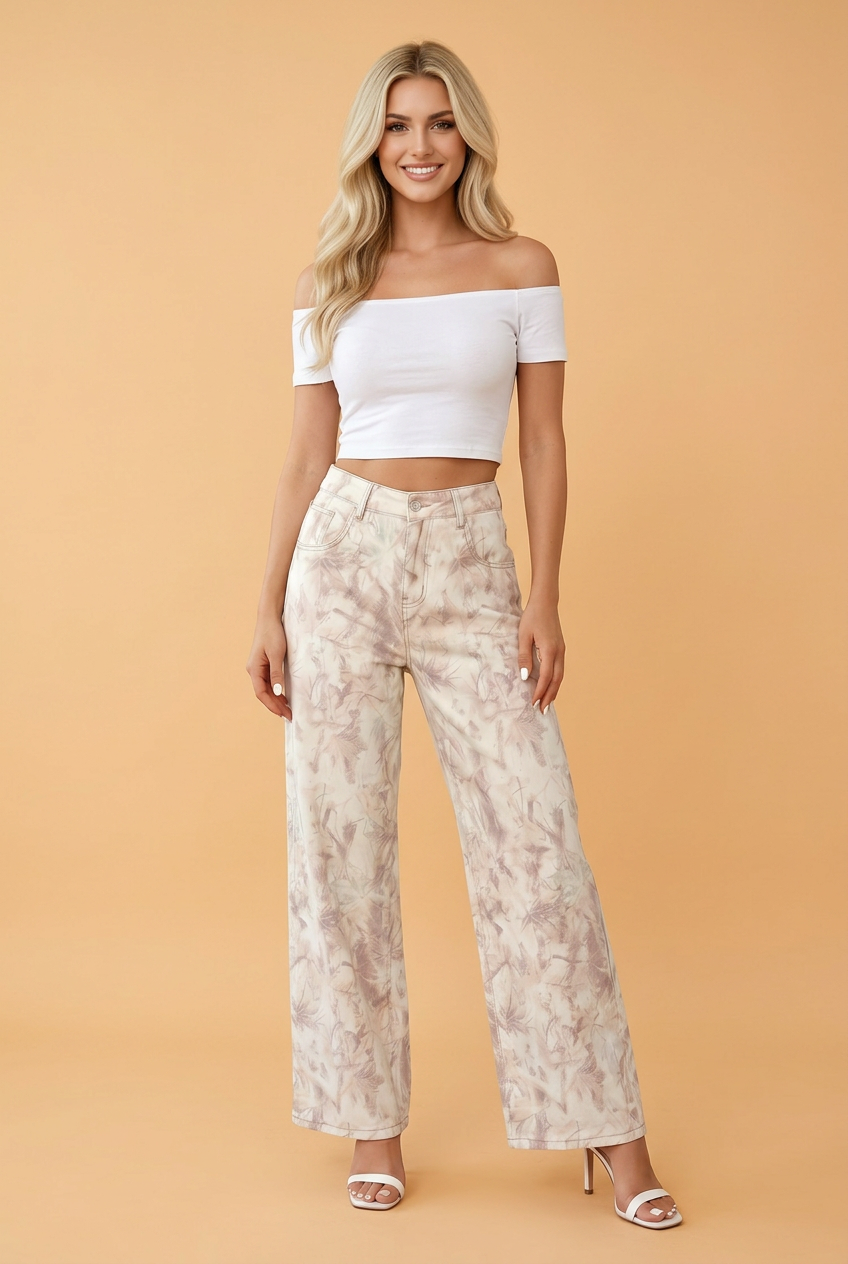 High-rise women's wide leg denim jeans in a neutral beige and taupe camo print