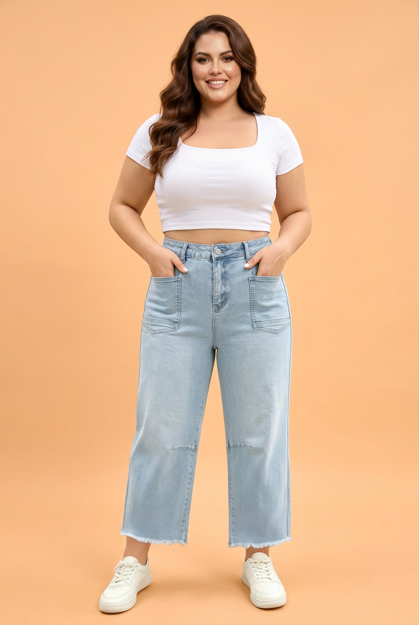 Woman wearing light blue high-rise wide-leg denim jeans with raw frayed hems and patch pockets