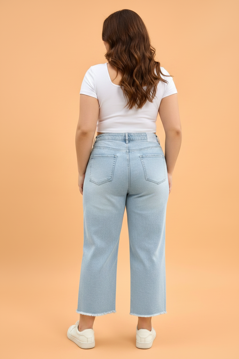 Light Blue High Rise Wide Leg Raw Cut Cropped Jeans
