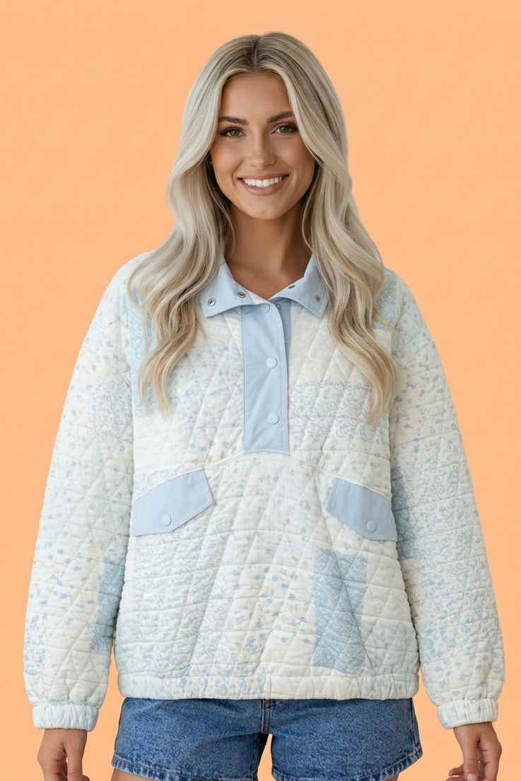 Floral Quilted Half Button Pocket Pullover Sweatshirt