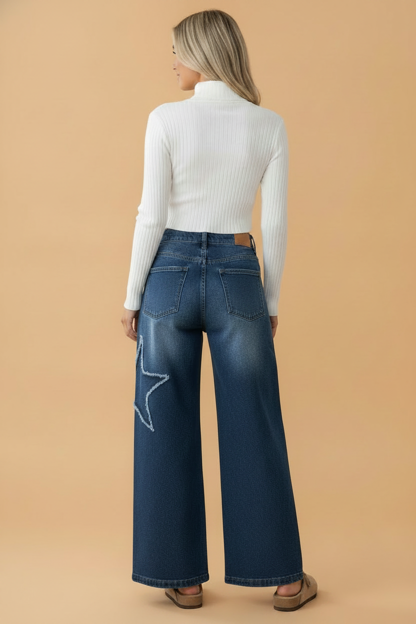 Star Patchwork Distressed Denim Wide Leg Jeans