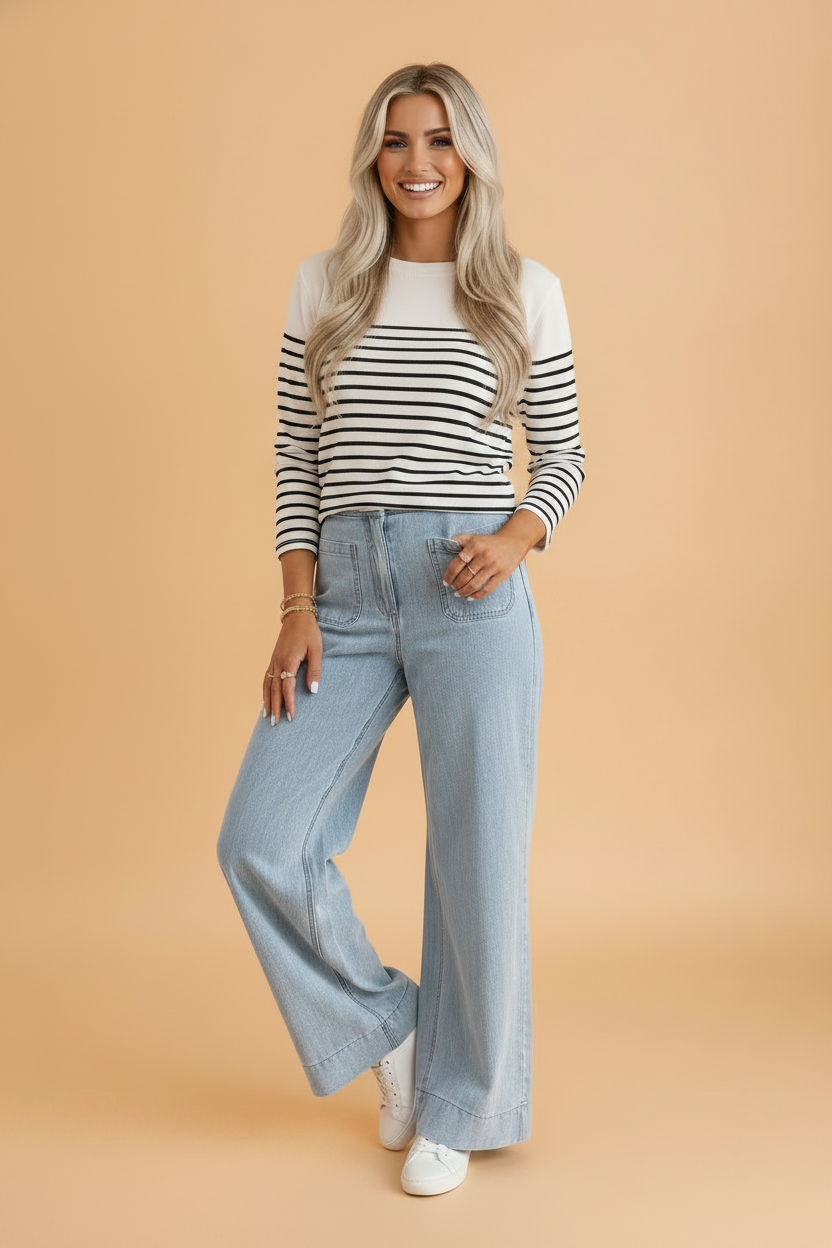 Solid Denim Patch Pocket Straight Leg Jeans