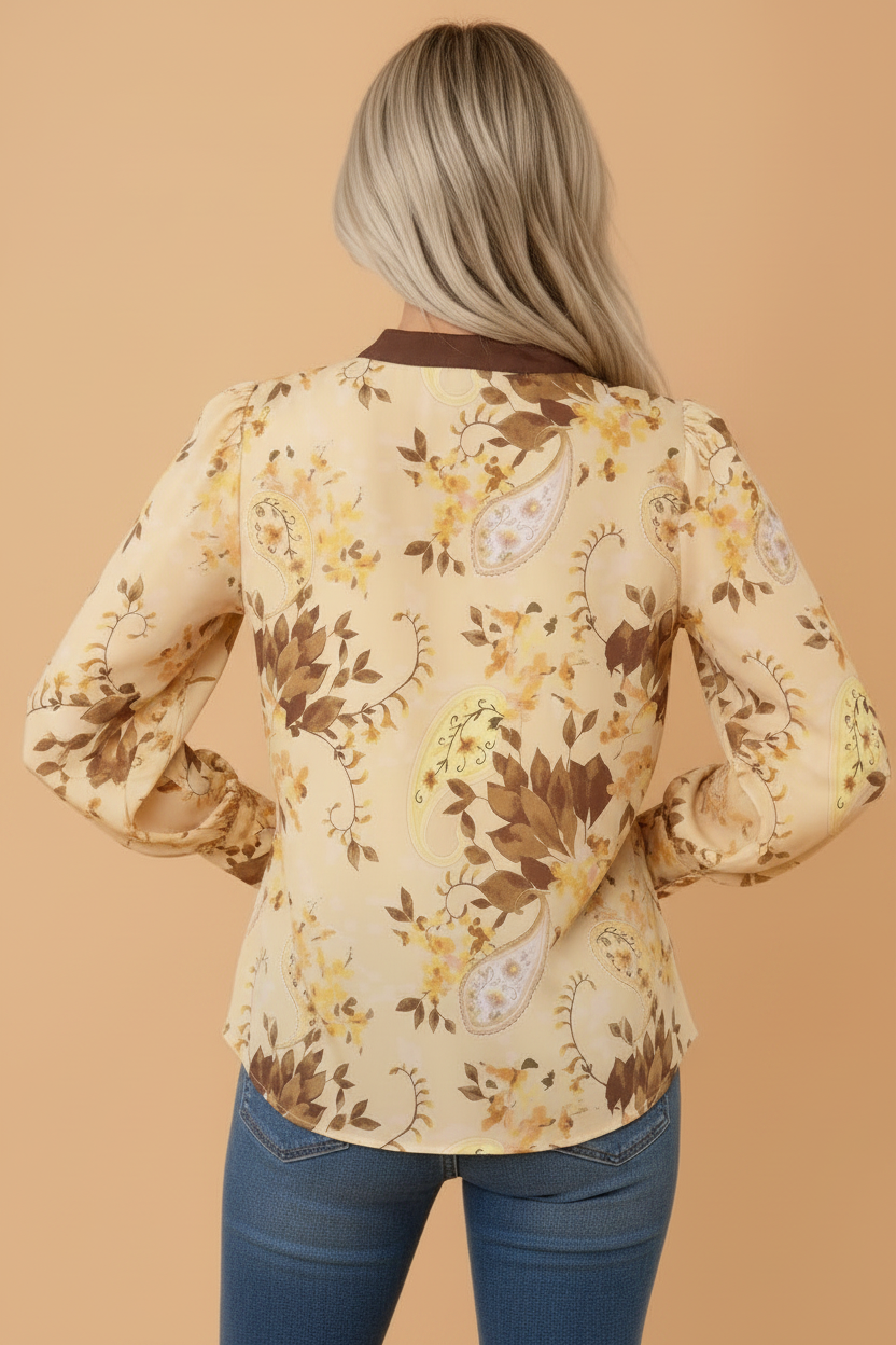 Paisley Tie Neck Long Sleeve Blouse