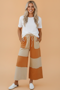 Colorblock Raw Seam Wide Leg Ankle Length Pants