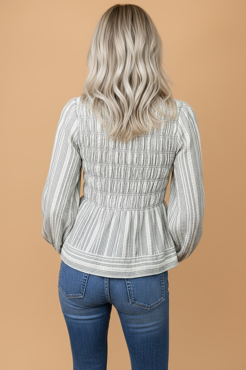 Stripe Shirred V-Neck Long Sleeve Blouse