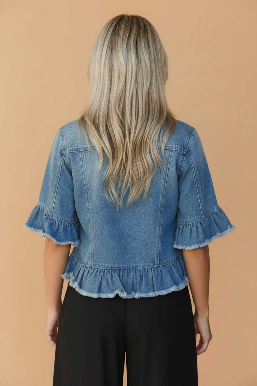 Denim Raw Edge Short Sleeve Ruffle Hem Jacket