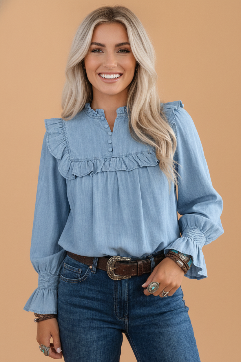 Western Denim Chambray Ruffle V-Neck Long Sleeve Blouse