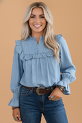 Western Denim Chambray Ruffle V-Neck Long Sleeve Blouse