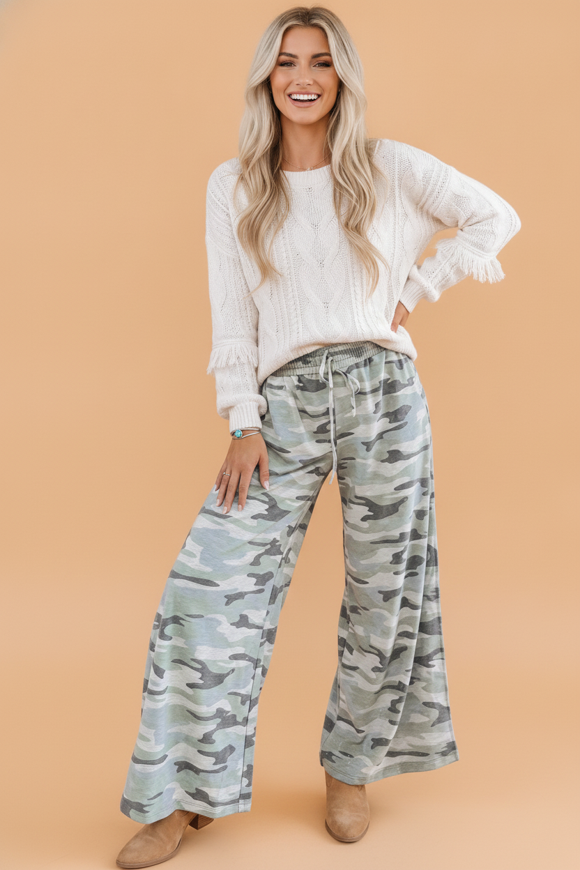 Camo Drawstring Elastic Waist Wide Leg Pants