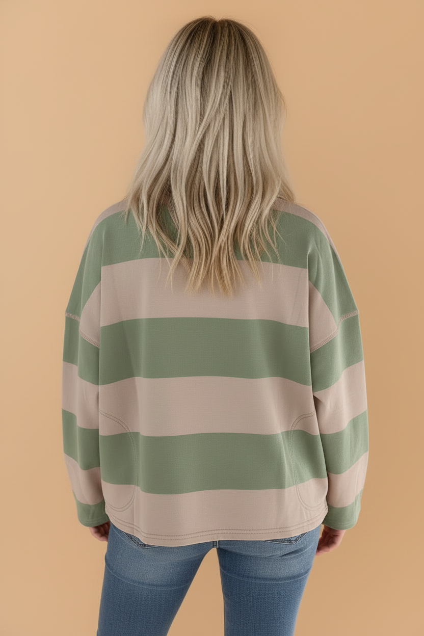 Stripe Colorblock Half Zip Collar Long Sleeve Top