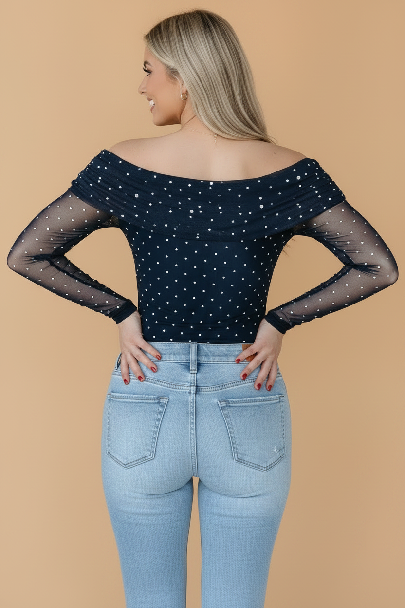 Polka Dot Mesh Off Shoulder Long Sleeve Top