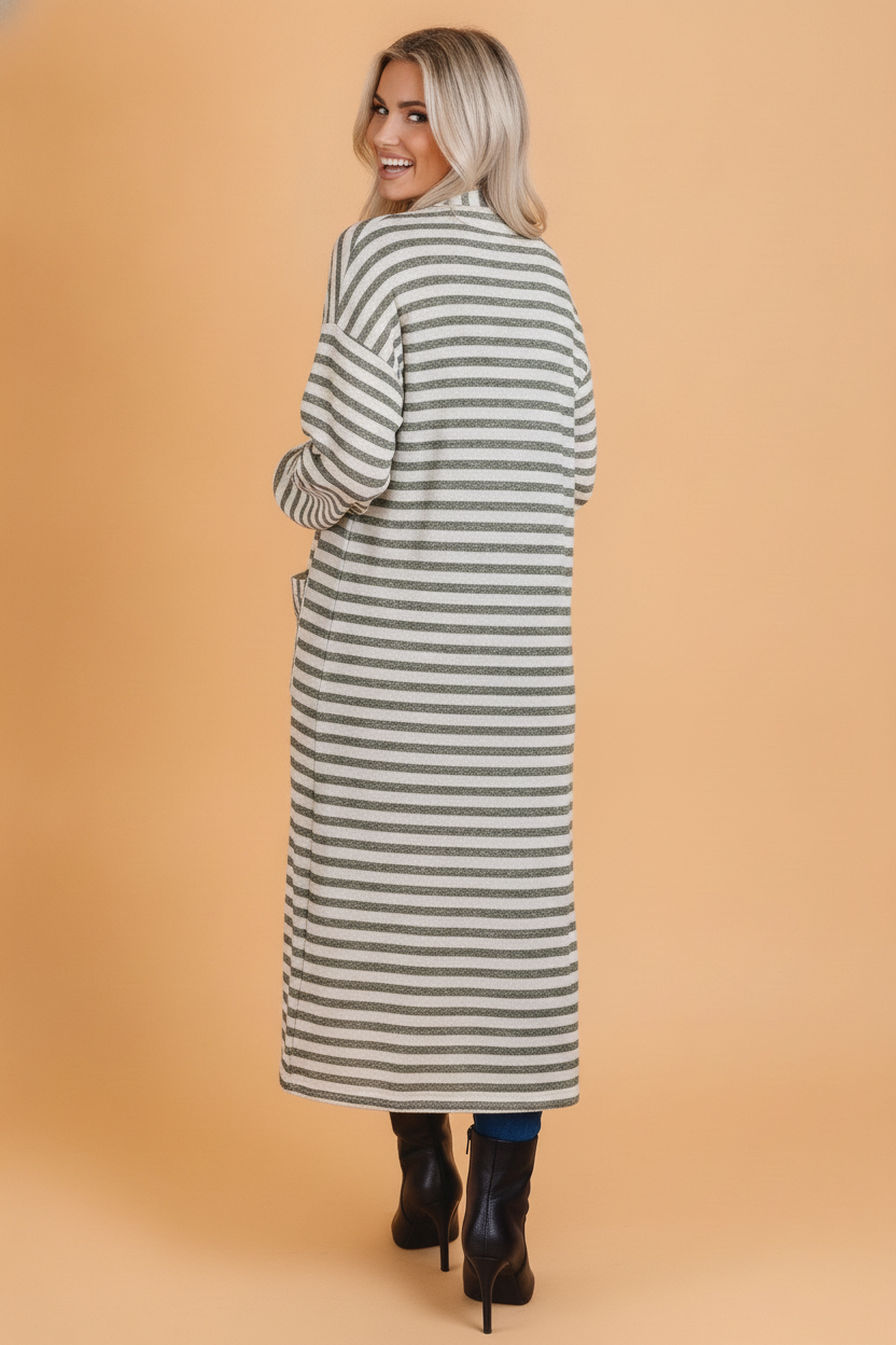 Stripe Puff Sleeve Oversized Open Front Cardigan
