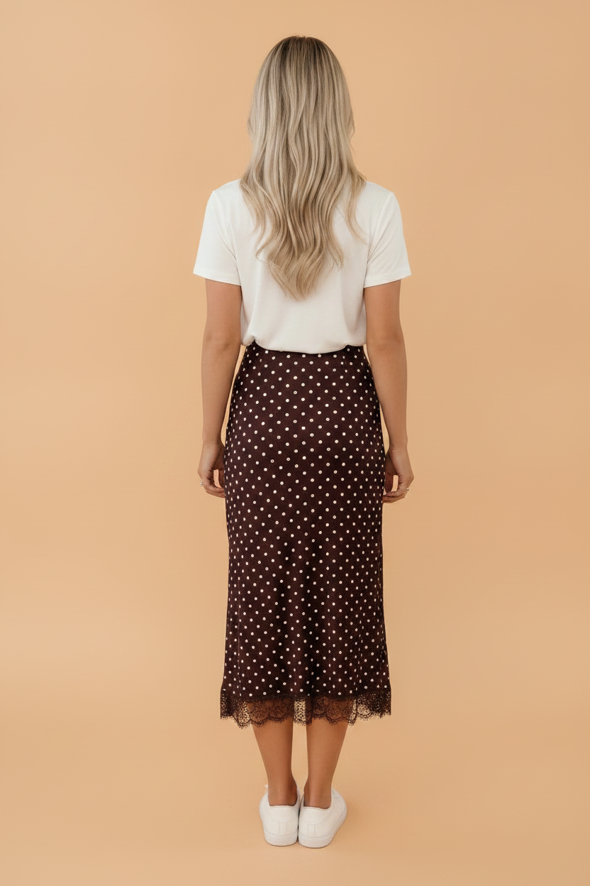 Polka Dot Lace Hem Midi Skirt