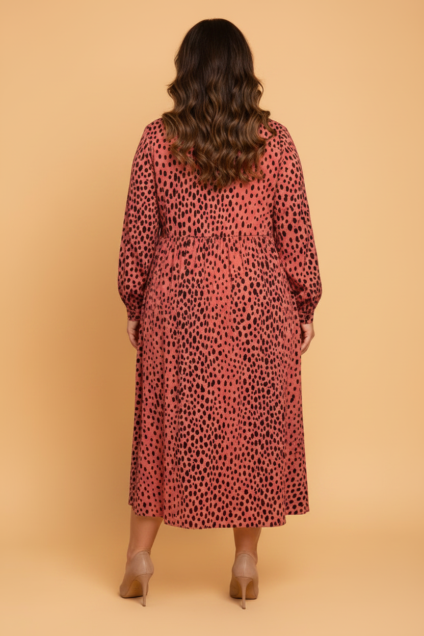 Plus Size Leopard Long Sleeve V-Neck Midi Dress