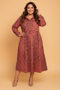 Plus Size Leopard Long Sleeve V-Neck Midi Dress