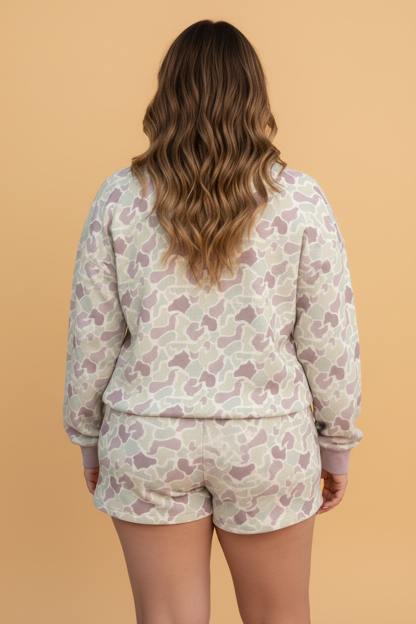 Plus Size Camo Waffle Knit Sweatshirt & Shorts Set