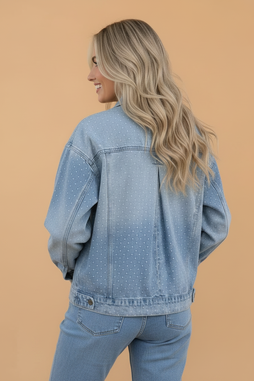 Polka Dot Denim Chest Pocket Collared Jacket