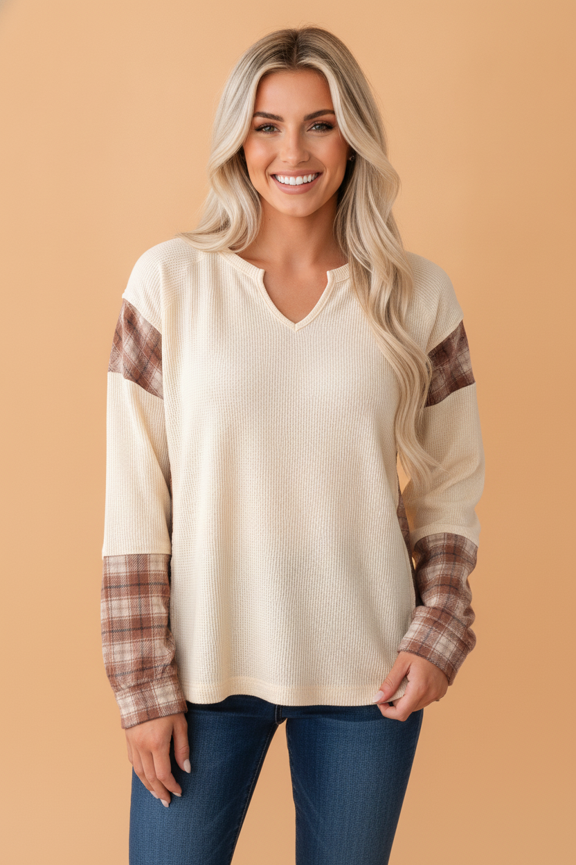 Plaid Patchwork Waffle Knit V-Neck Long Sleeve Top