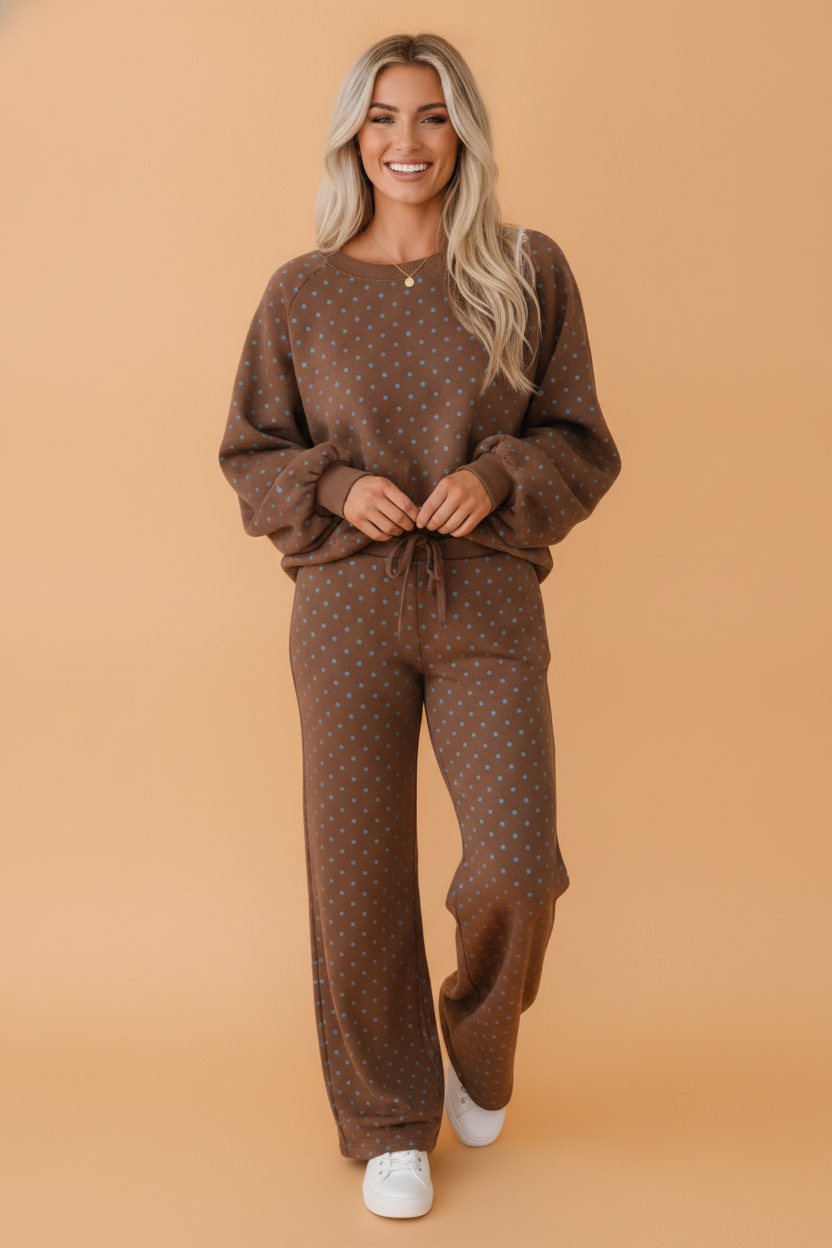 Polka Dot Long Sleeve Top & Wide Leg Pant Set