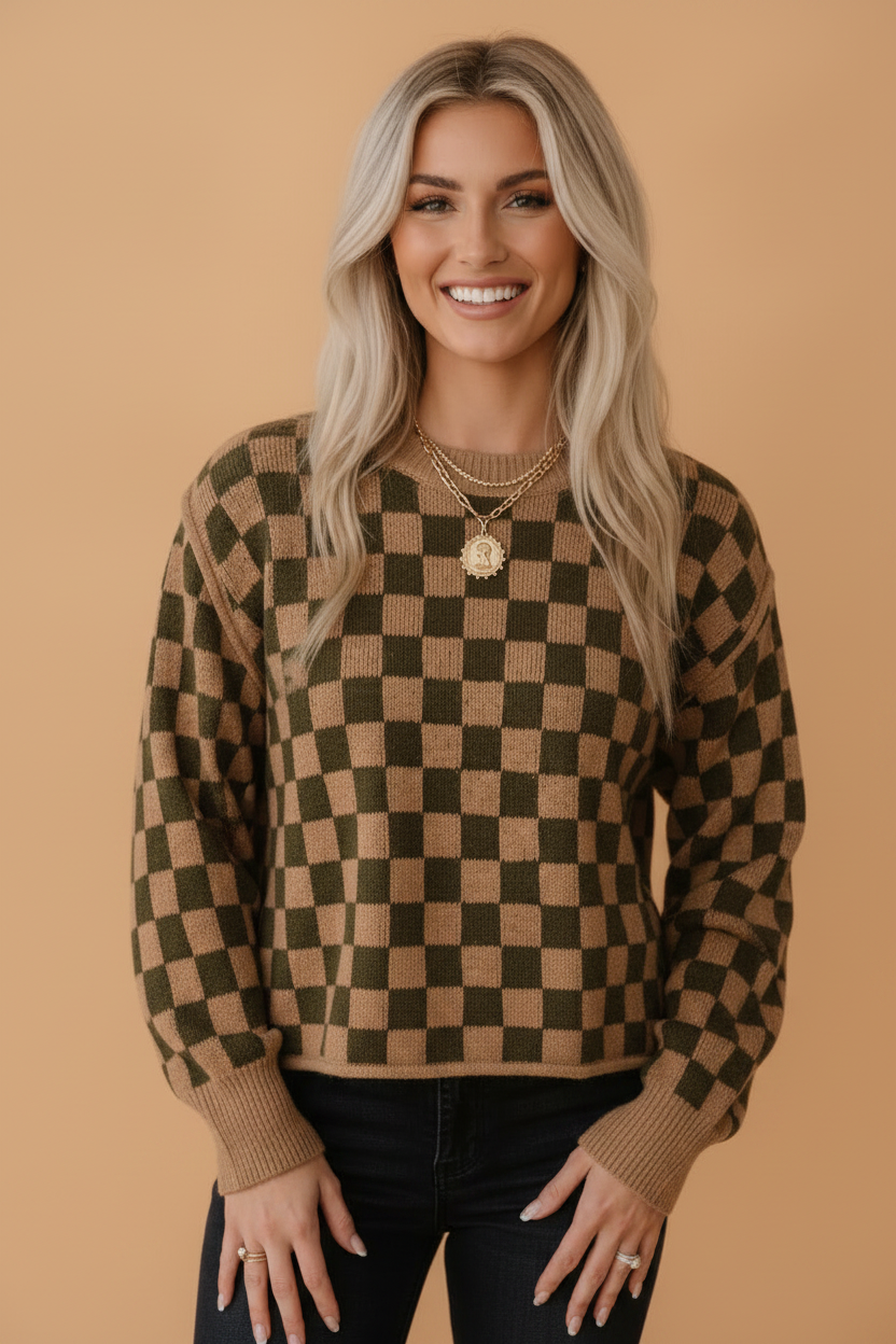 Checker Drop Shoulder Knit Long Sleeve Sweater