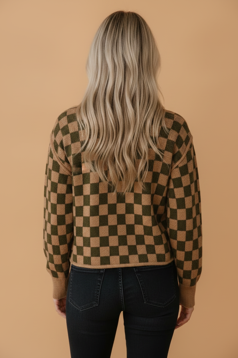 Checker Drop Shoulder Knit Long Sleeve Sweater